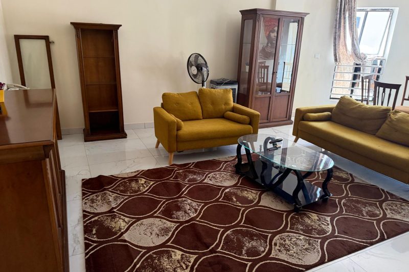 Salon vu depuis l'entrée, avec vitrine et coin repas au fond